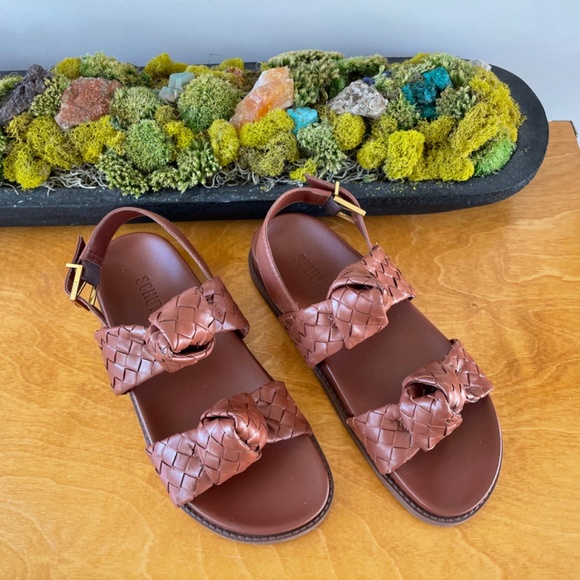 new SCHUTZ Kareena Brown Woven Leather Knot Sandals Ankle Strap Flat 6.5 - Picture 9 of 9